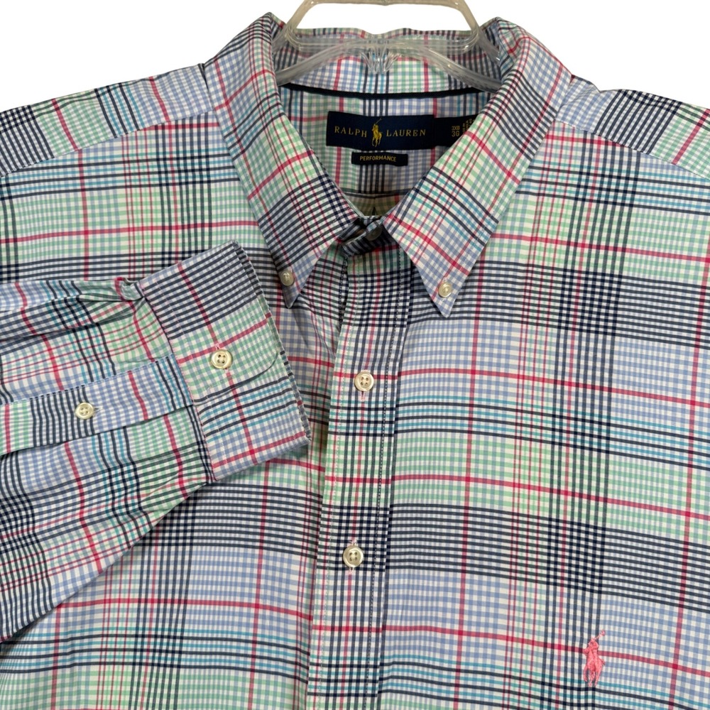 Ralph Lauren Performance Shirt Mens 3XB Blue Green Pink Plaid Button Down Pony